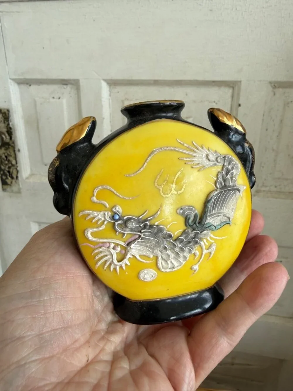 Vintage 40's Japanese Dragonware Yellow Black Small Bottle Vase